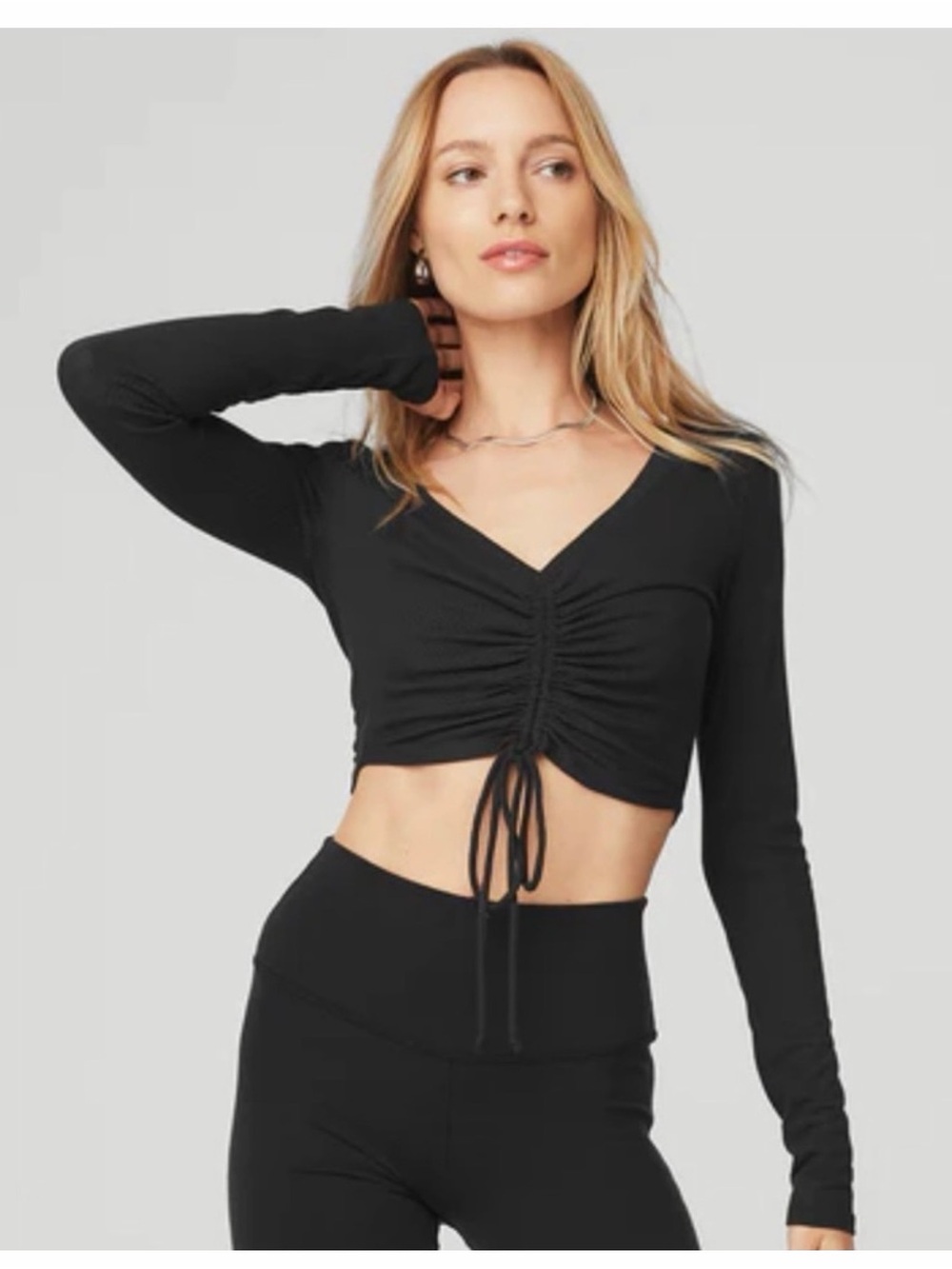 Alo Yoga Black Ruched Tie Front Ribbed Long Sleeve Crop Top XS
